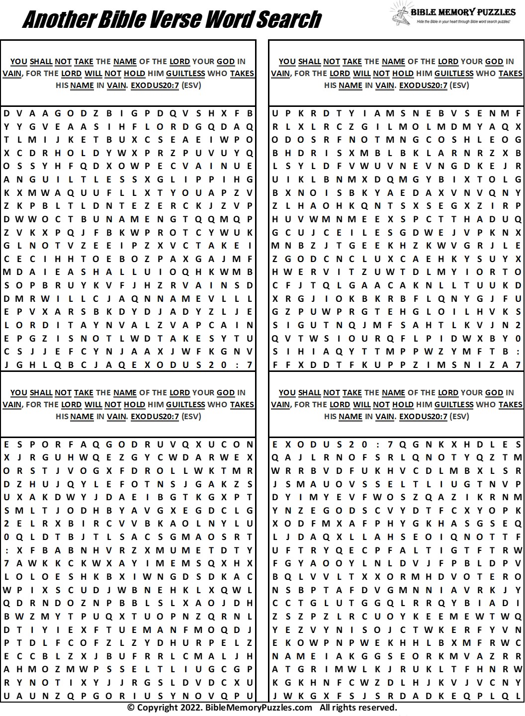 ESV-WS-02-Exod-020-007-0 – Bible Memory Puzzles